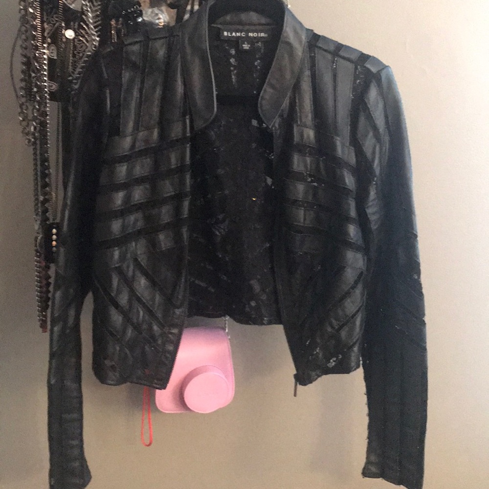 Blanc noir cropped leather lace blazer